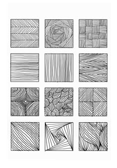 six different lines that are drawn in black and white, each with an abstract design
