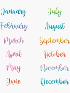 months of the year written in different colors
