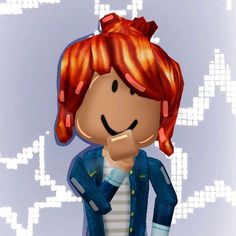 an animated image of a person with red hair wearing a blue jacket and striped shirt