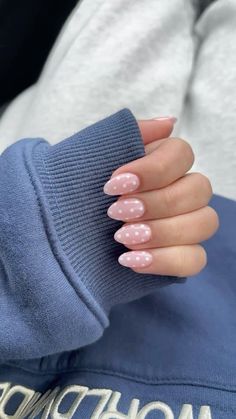 pink base with dainty polka dots Simple Nail Inspo Polka Dots, Baby Pink Pokadot Nails, Almond Nails With Polka Dots, Summer Nails 2025 Polka Dot, Light Pink With White Polka Dots Nails, Pot A Dot Nails, White With Pink Polka Dots Nails, Pink Polka Dot Nails Almond, Simple Nails Dots