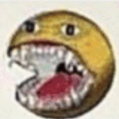 an emoticive smiley face with its mouth open and teeth wide open to the side