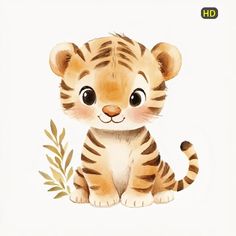 a watercolor painting of a tiger cub sitting next to a twig and looking at the camera