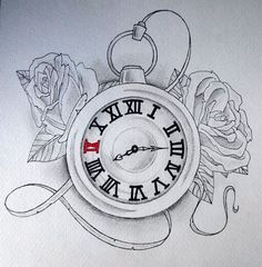 a drawing of a pocket watch with roses around it