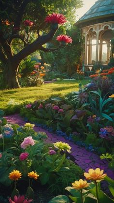 the garden is full of colorful flowers and trees