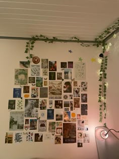 a wall with many pictures on it and vines growing up the side of it,