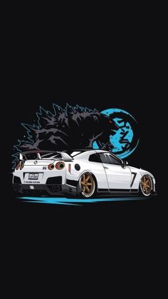 two white cars parked next to each other in front of a black background with blue flames