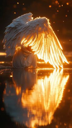 a white bird with large wings sitting on top of a body of water at night