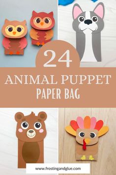 four different animal paper bags with the text, 24 animal puppett paper bag