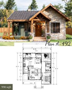 the plans for this small cabin house include two living areas and one bedroom with an open floor