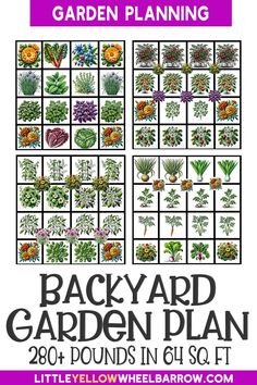 the backyard garden plan is shown in purple and white