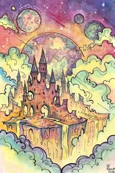 a drawing of a castle surrounded by clouds