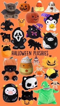halloween plushies on an orange background with the words halloween plushies written below them