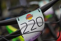 a close up view of the number plate on a bike