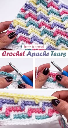 the crochet applique is being worked on by someone using scissors and yarn