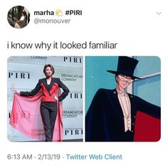 a woman in a top hat standing next to an image of a man wearing a suit and tie