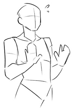 a drawing of a man holding his hands up to the side, with one hand on his chest