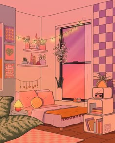 this is an image of a bedroom with pink walls
