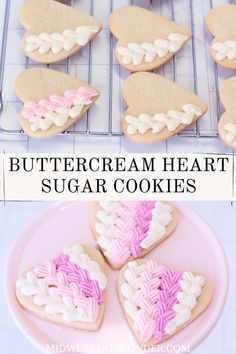 buttercream heart sugar cookies on a pink plate