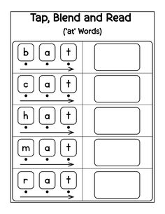 Make phonics practice fun and interactive with this free Tap, Blend, and Read 'At' Words CVC Worksheet! Perfect for preschoolers and kindergarteners, this activity focuses on the 'at' word family, helping kids practice blending sounds and reading. Ideal for at-home learning or classroom use. Visit our site to download the PDF worksheet and boost early reading skills today! Cvc Practice Worksheets, Tapping Words, Beginning To Read, Cvc Blends, Cvc Writing Activities, Continuous Blending Activities, Teach To Read Kindergarten, At Phonics Worksheet, Free Phonics Printables Kindergarten