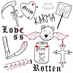 a drawing of various items that are in the shape of letters and numbers on a white background