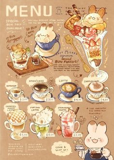 Lunch Drawing Ideas, Cute Menu Drawing, Cute Food Graphics, Cartoon Pastries, Pastry Menu Design Ideas, Menu Art, Cute Menu Ideas, Kawaii Recipe Cards, Anime Cafe Menu