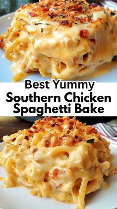 the best yummy southern chicken spaghetti bake is made with pasta, cheese and other ingredients