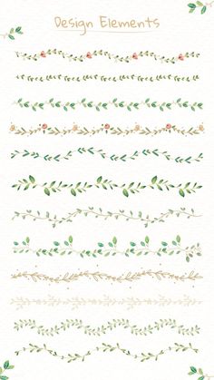 watercolor leaves and branches on white paper with the words design elements written in gold