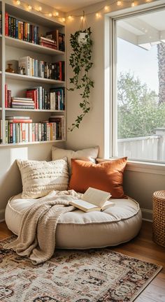 a living room filled with lots of books on top of a book shelf next to a window