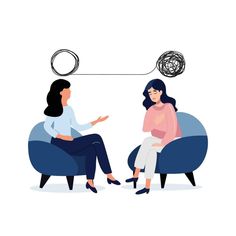 two women sitting in chairs talking to each other with a ball hanging from the ceiling above them