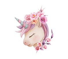 a watercolor drawing of a unicorn with flowers on its head and eyes closed, wearing a pink flower crown