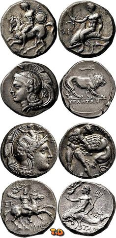 six ancient roman silver coins with images of men and women on them, all in different positions