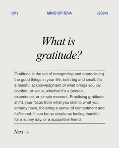 How to Practice Daily Gratitude 🙏🏻 Are you ready to change your focus and notice your abundance?🪄 Gratitude is the act of recognizing and appreciating the good things in your life, both big and small. It’s a mindful acknowledgment of what brings you joy, comfort, or value, whether it’s a person, experience, or simple moment. Swipe 👉🏻 to discover how you can start practice gratitude every day It’s all about appreciating the little things in life ✨ 💬 What are you grateful for today? Share... How To Live A Life Of Gratitude, Notice The Little Things, Daily Gratitude List, Grateful Mindset, Self Gratitude, Quote Gratitude, Focus On Gratitude, Grateful Practice