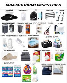 the college dorm essentials poster is shown in black and white, including toiletries
