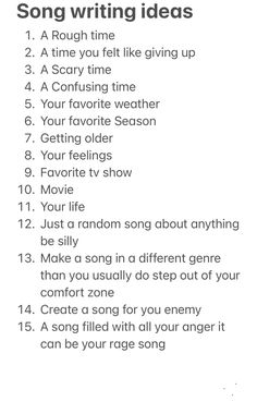 a list with the words song writing ideas