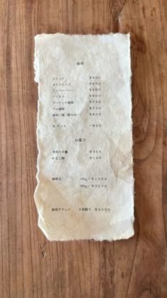 a piece of paper that is sitting on top of a wooden table with writing on it
