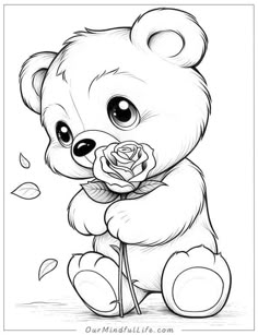 a drawing of a teddy bear holding a rose