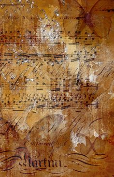 an abstract painting with music notes and butterflies on blue paper, as well as watercolors