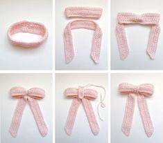 four pictures of different types of pink crocheted hair ties, all tied together