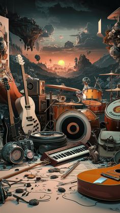 an assortment of musical instruments are shown in this artistic photo, with the sun setting behind them