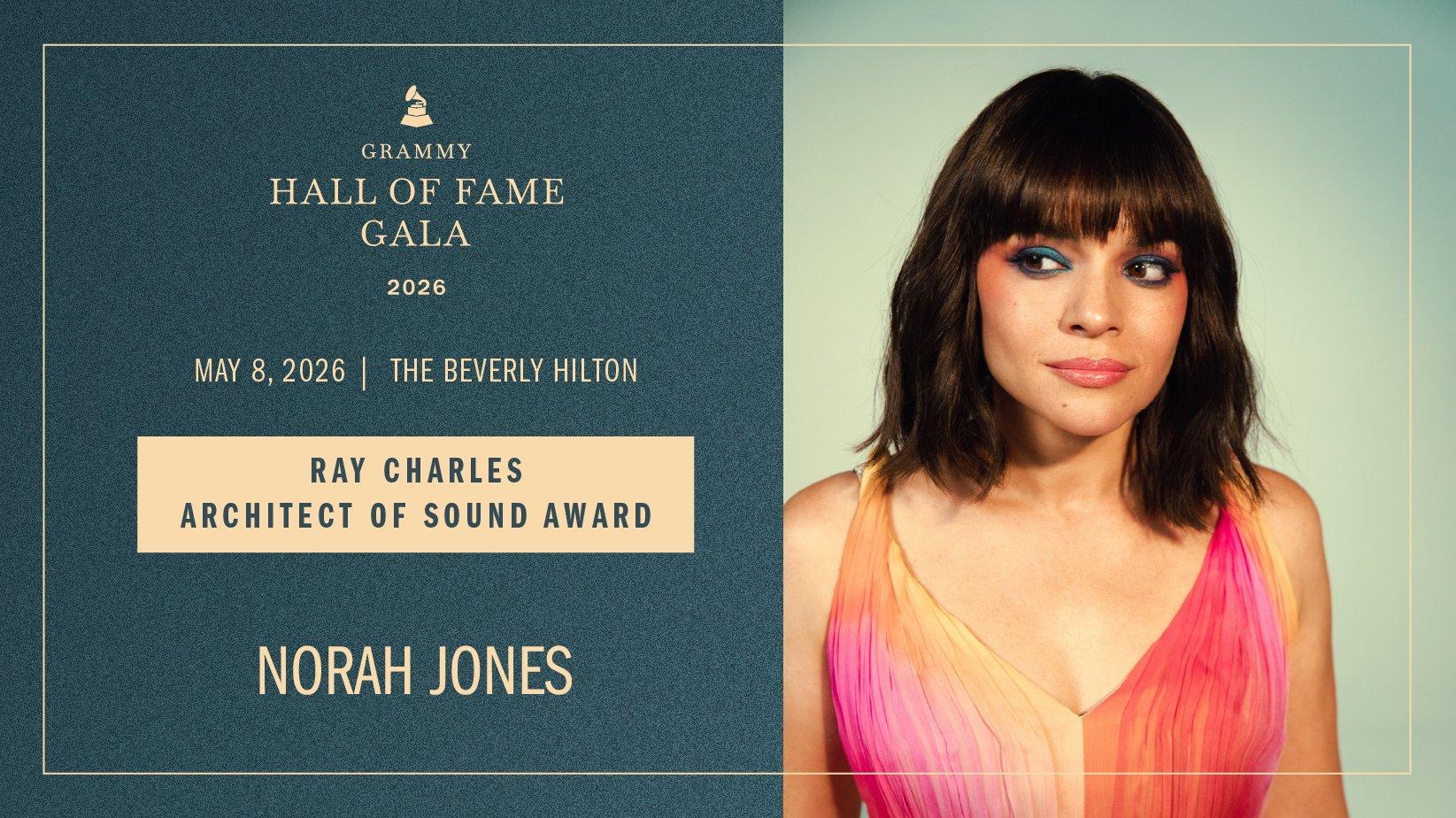 A graphic promoting Norah Jones receiving the Ray Charles Architect of Sound Award, to be presented at the 2026 Grammy Hall Of Fame from the Grammy Museum. The graphic features a photo of Norah Jones on the right, next to the Grammy Award logo and words.