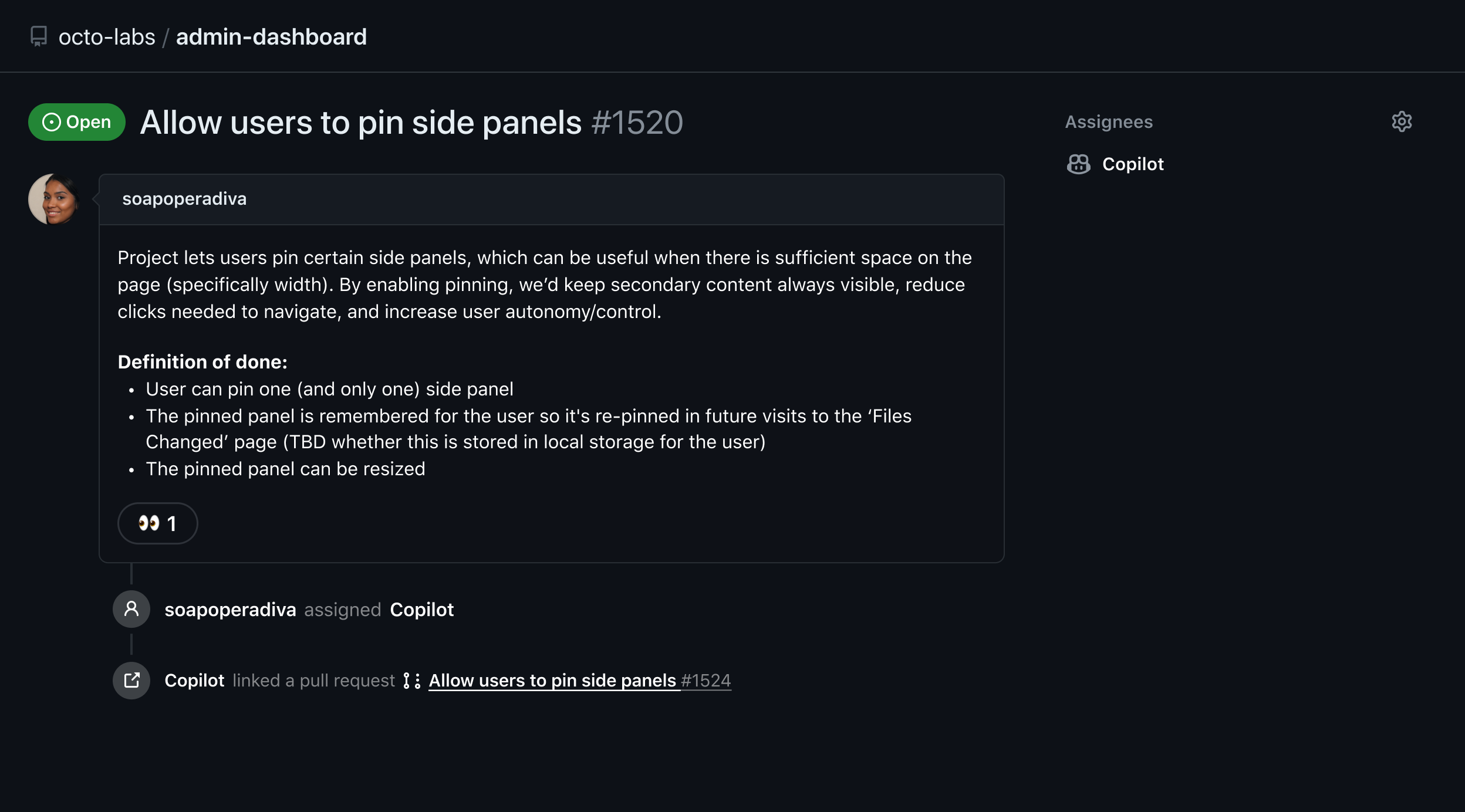 A screenshot of GitHub Copilot coding agent where a user creates an issue, assigns Copilot to their issue, and then Copilot creates a pull request (PR) in response.