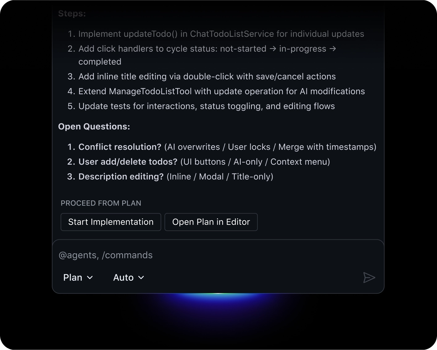 Dark UI showing a task plan with steps for to-do updates, open questions, and “Start Implementation” and “Open Plan in Editor” buttons.