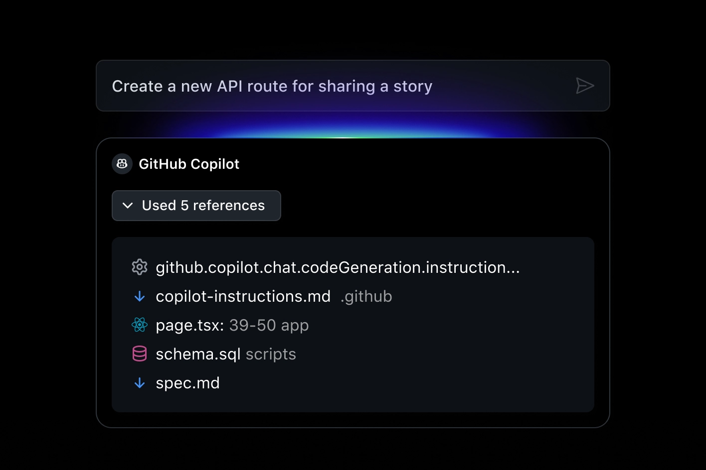 A screenshot shows a GitHub Copilot interface with the prompt "Create a new API route for sharing a story" at the top. Below, it lists five used references: github.copilot.chat.codeGeneration.instruction..., copilot-instructions.md, page.tsx: 39-50 app, schema.sql scripts, and spec.md. The background is gradient blue to purple.