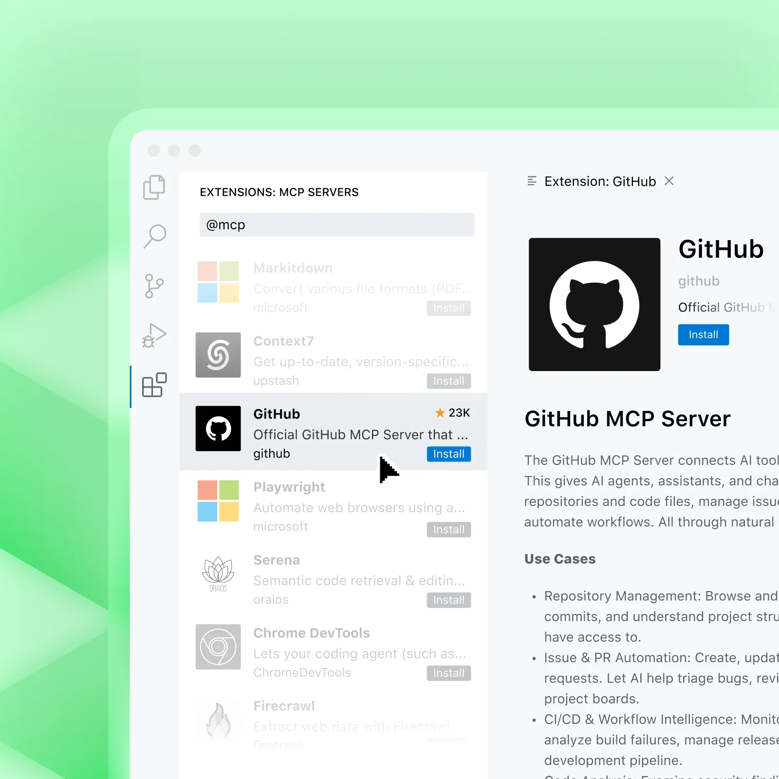 Product UI image within VS Code inside the Extensions marketplace and filtered on MCP, showing various MCP servers and spotlighted on the GitHub MCP Server.
