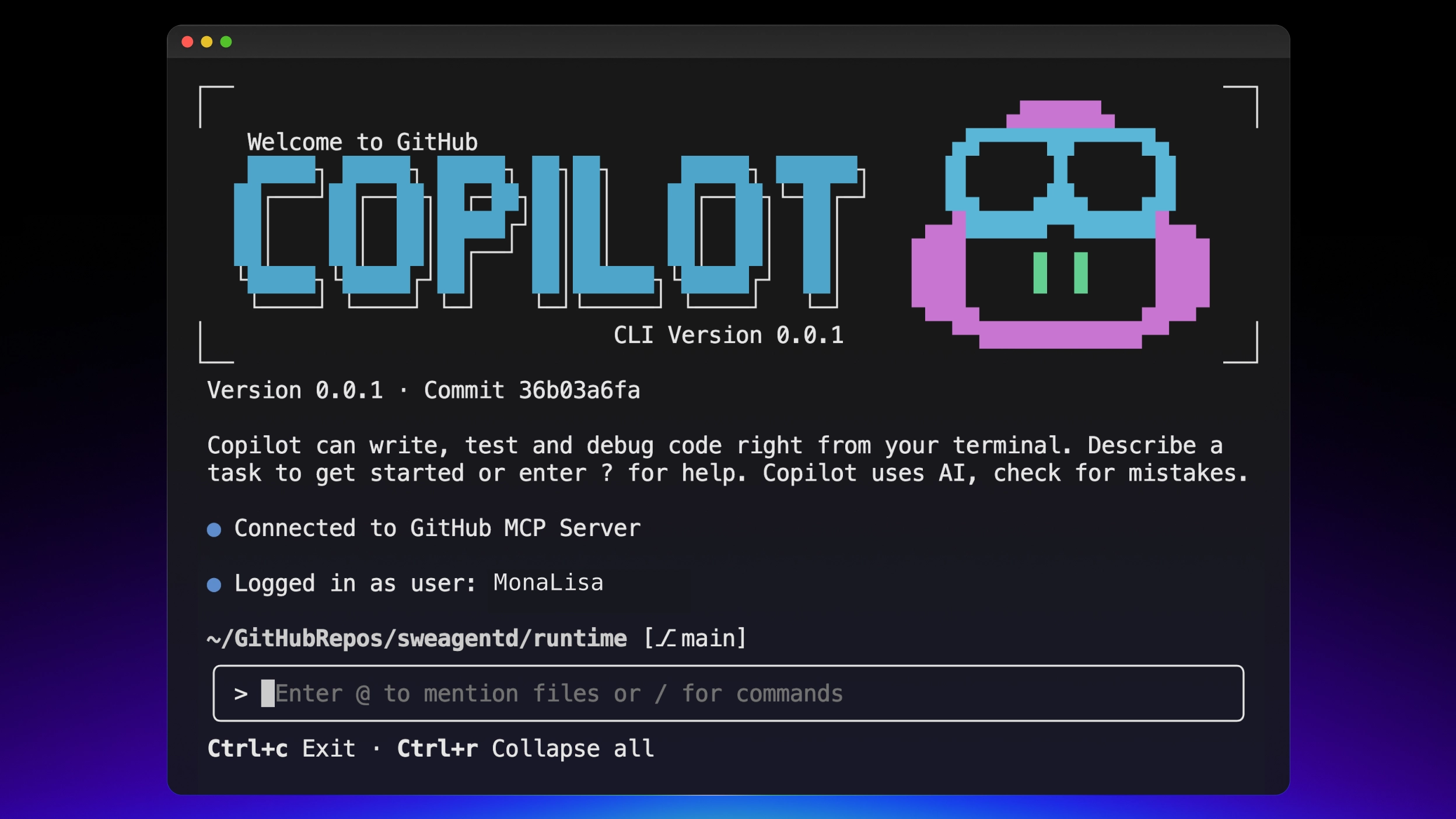 A terminal shows GitHub Copilot CLI with a pixel art mascot, “Welcome to GitHub COPILOT,” version 0.0.1, and commit ID 36b03a6fa. Logged in as MonaLisa, connected to MCP Server, with commands to write, test, and debug code.