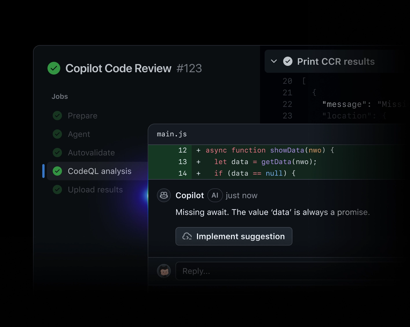 Copilot suggests adding await to a fetch call to fix asynchronous behavior and shows a reviewer selection panel.