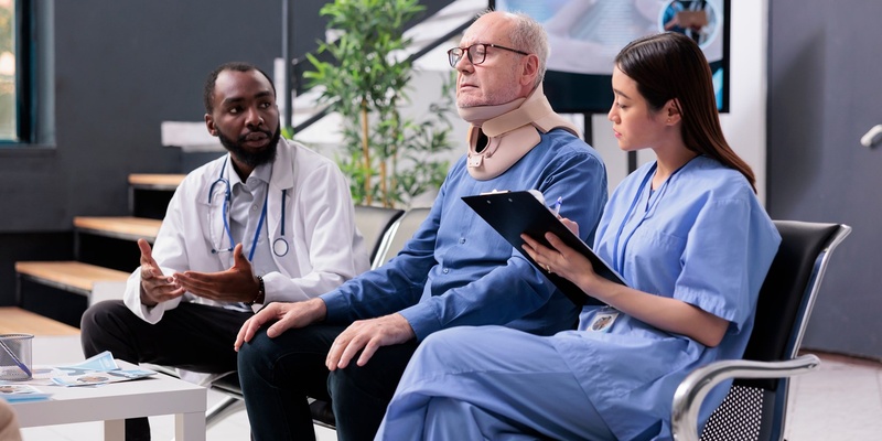 Doctors helping an injured patient with a neck brace on.
