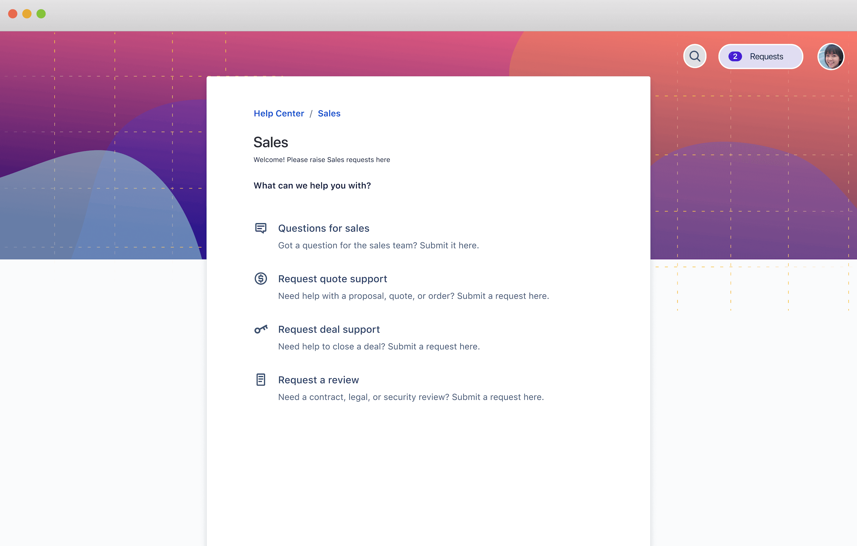 Screenshot of support portal for sales