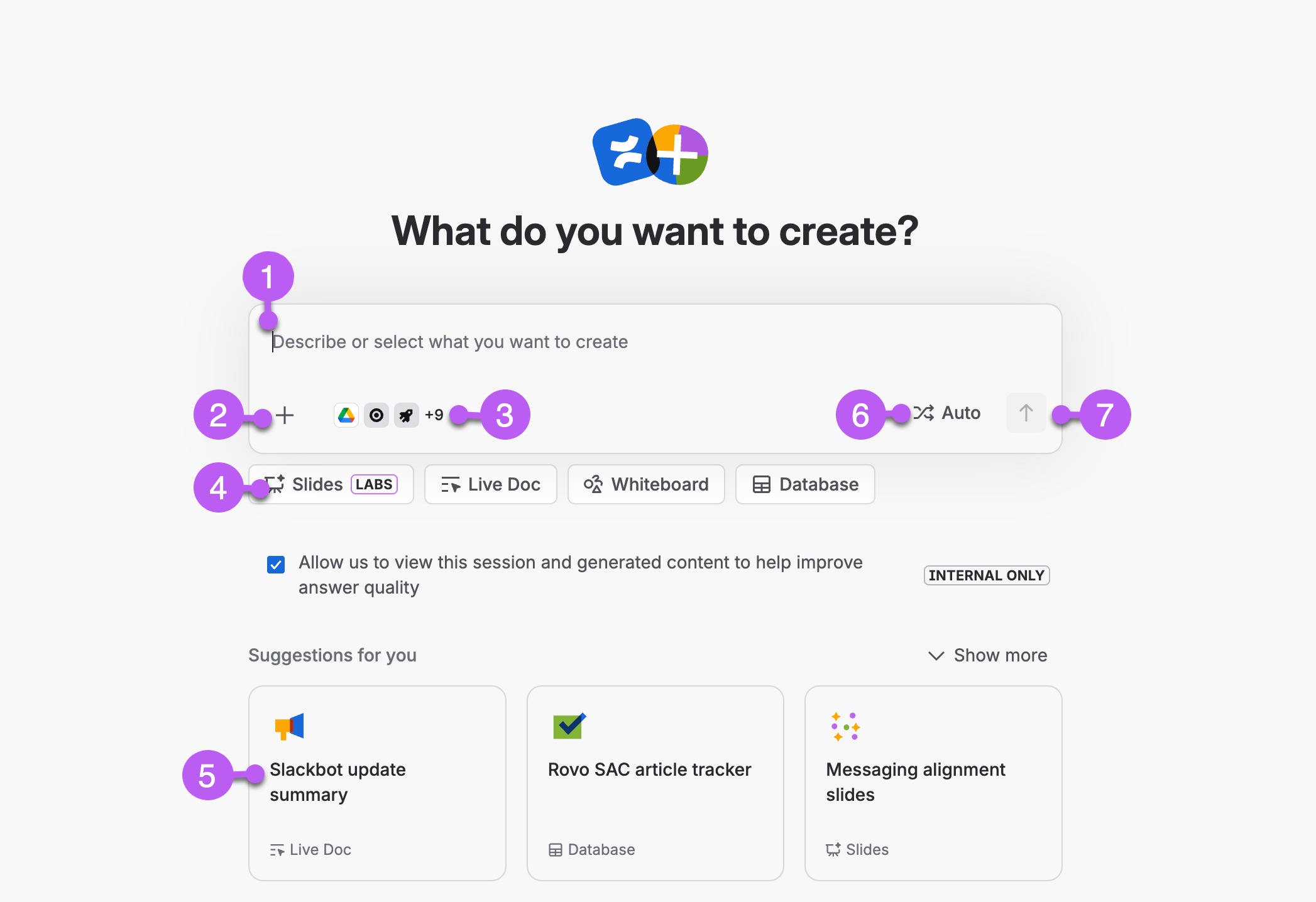 The Create with Rovo full screen experience, annotated with numbers.