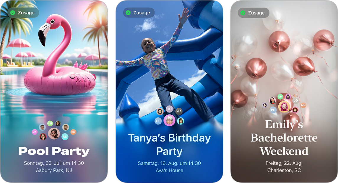 Drei Einladungen von Apple Einladungen. Jede hat ein Hintergrundbild, einen Namen, ein Datum, eine Uhrzeit und einen Ort.